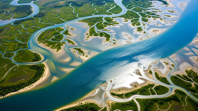 Aerial view of winding river delta with numerous channels and lush greenery along sandy shores and islands