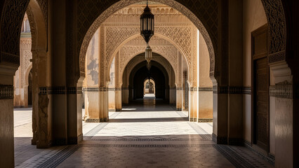 Obraz premium A majestic hallway with intricately designed arches and columns, adorned with ornate patterns and a hanging lantern in warm sunlight.