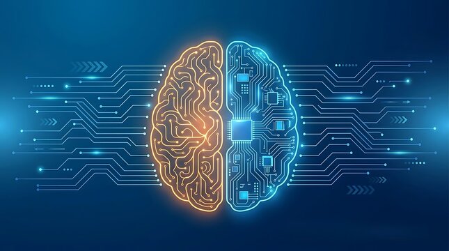 Abstract futuristic human brain silhouette with glowing circuitry on one side and digital microchip components on the other, representing artificial intelligence