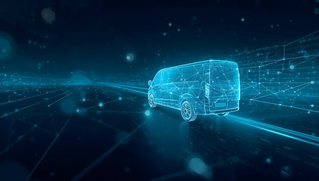 Transportation network with delivery vehicle against dark background