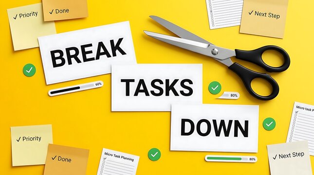 Scissors cutting paper with words BREAK TASKS DOWN, representing stopping work, taking breaks, and managing workload effectively.