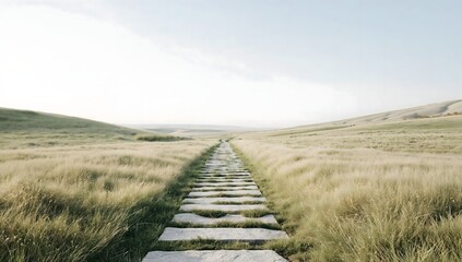 Fototapeta premium Stone footpath through green meadow with soft studio lighting