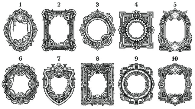 Ten intricate steampunk frames featuring vintage clockwork gears and mechanical elements in detailed black and white