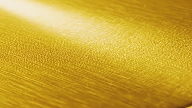 Close-up of a shiny golden brushed metal surface with a bright light reflection.