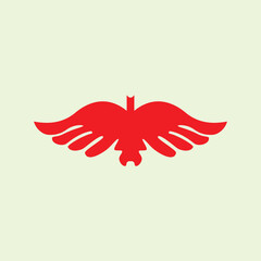 Fototapeta premium Simple graphic icon of spreading red bird or angel wings. Minimalist symetrical element for company logo design, heraldry crest emblem, aviation sign, military badge, freedom and speed concept.
