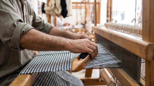 Weaver holding a wooden shuttle on a traditional handloom creating patterned fabric