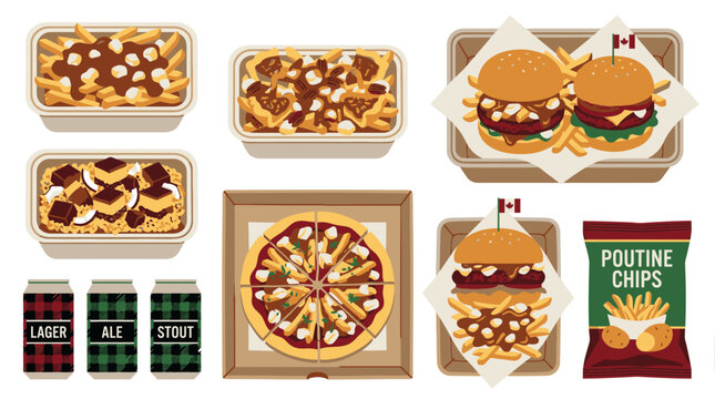 Traditional Canadian fast food illustrations including poutine burgers and beverages.