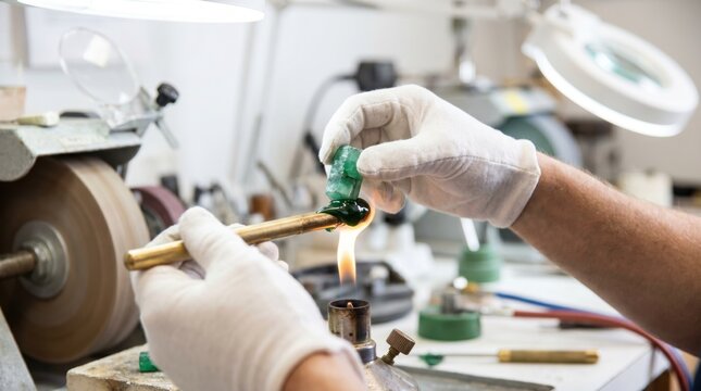 Lapidary attaching a rough green gemstone to a brass dop stick using melted green wax over a flame