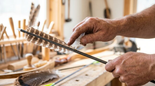 Fletcher applying glue to attach a striped feather to a carbon fiber arrow shaft