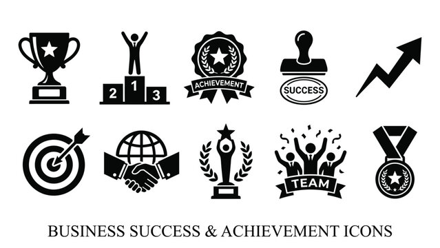 Vector Set of Business Success and Achievement Icons in Solid Black