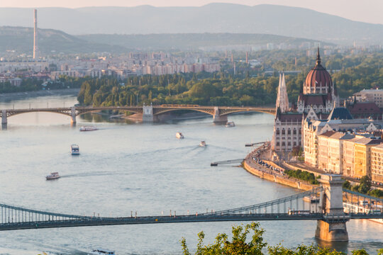 A panorama of Budapest, the capital of Hungary. A view of the famous Chain Bridge (Sz&eacute;chenyi L&aacute;nch&iacute;d), connecting the historic districts of Buda and Pest. A view of the Hungarian Parliament building.