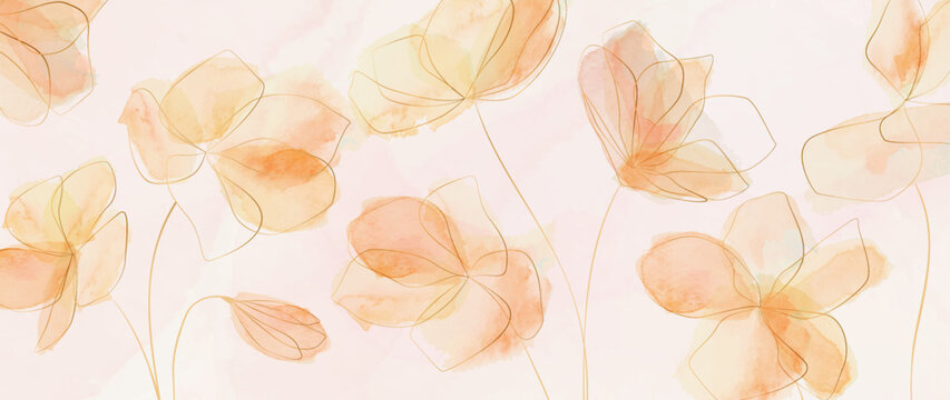 Art background with watercolor yellow or brown flowers and gold line elements. Botanical banner for decor, prints, wallpaper, textiles, and packaging.