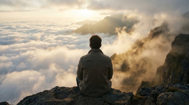 A lone man sits peacefully on a mountain peak, looking out at a vast golden cloudscape and distant ranges. This serene view evokes themes of achievement, reflection, and new beginnings.