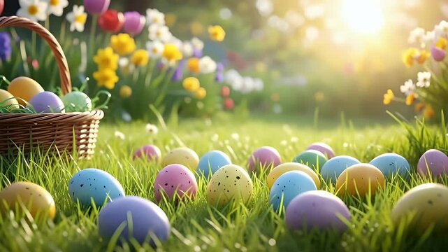 Colorful Easter eggs scattered across a lush green meadow next to a woven basket filled with more festive decorated eggs, bathed in warm sunlight during springtime celebrations.