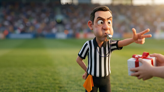 Cartoon referee blowing whistle and rejecting a bribe gift box on soccer field.