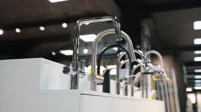 Showroom display of modern kitchen and bathroom faucets