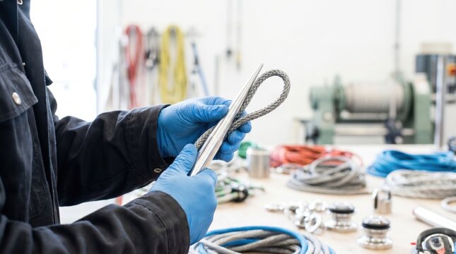 Worker wearing blue gloves using a pointed steel fid to splice a strong synthetic or wire rope