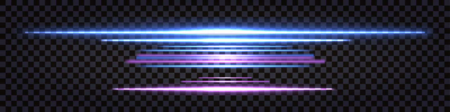 Neonglowing lines, blue and purple vaporwave retro divider or border with light shine. Geometric linear design, luminous beams, laser rays. Vector isolated