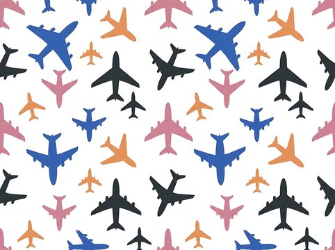 Seamless pattern of colorful airplane silhouettes on white background