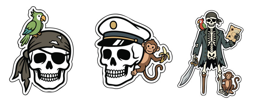 Pirate-themed skull stickers with parrot and monkey illustrations