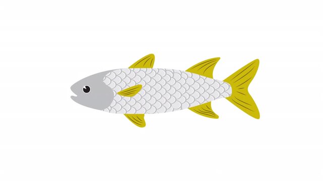 Scaled grey fish illustration with yellow fins and tail, designed as a simple artistic graphic element. Perfect for seafood restaurant menus or aquaticthemed branding projects.