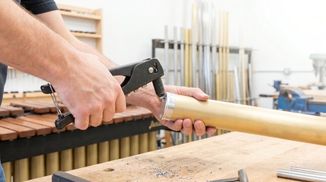 Craftsman using a hand riveter tool to attach an end cap onto a brass tube in a workshop