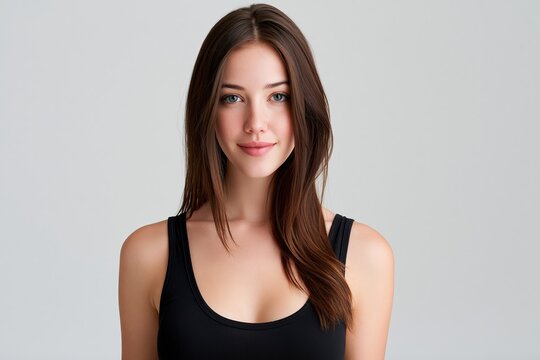 Portrait of young woman in black top against neutral background