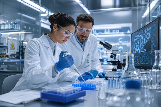 In a modern laboratory, dedicated scientists collaborate on medical research. Pipetting liquid into vials, they represent innovation, focus, and the hope of scientific discovery.