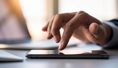 Fototapeta premium Hand using tablet in office, typing on touchscreen device