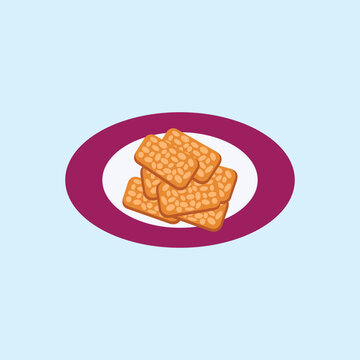 Simple hand drawn icon of traditional Asian soy product snack. Minimalist delicious fried tempe dish element for Indonesian food menu design, culinary blogging, cooking recipe, and sticker.