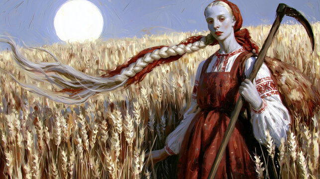 Painterly Slavic folklore illustration of a maiden in red traditional dress holding a scythe in a golden wheat field under a bright moon, mystical harvest spirit scene.