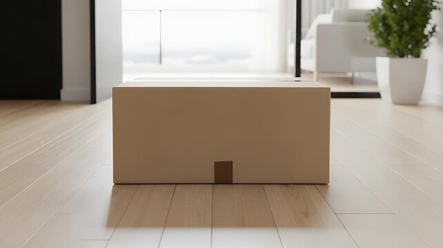 A plain cardboard box sits on a polished wooden floor, ready for shipping or moving in a contemporary home environment.