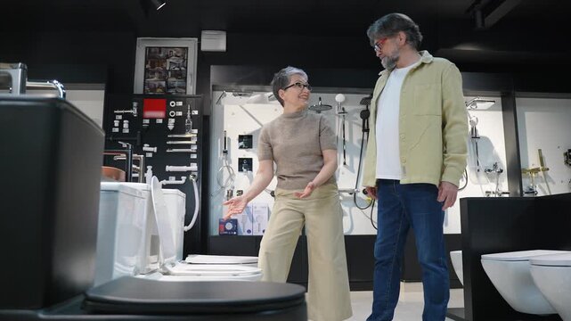 Elderly couple choosing bathroom fixtures in a plumbing store