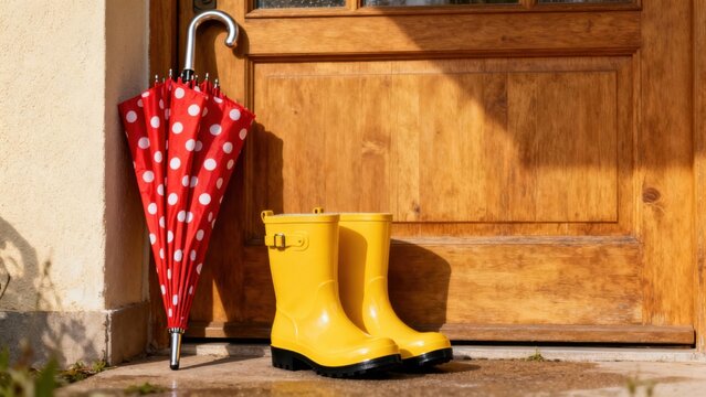 Closed red and white polka dot umbrella leaning against a wall beside shiny yellow rubber rain boots by the entryway of a light brown wooden door.