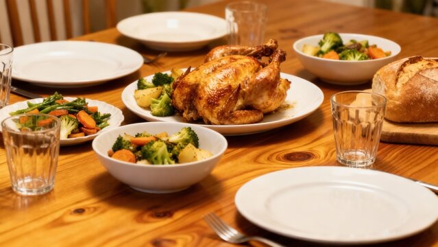 Golden brown whole roasted chicken served on a white platter centerpiece surrounded by side dishes of fresh roasted vegetables and rustic bread loaf.