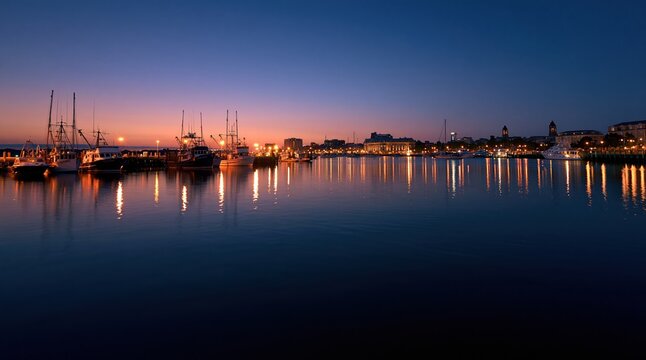 Harbor at dusk with sailboats and calm reflections