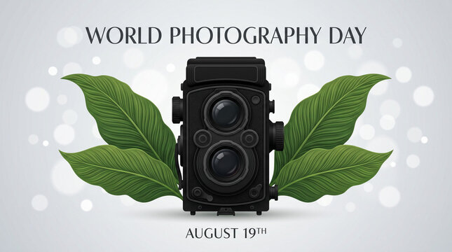 Vintage TLR camera with green leaves illustration for World Photography Day.