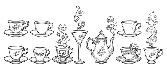 Fototapeta premium Elegant kitchenware cups teacups and teapot spill stylized swirls and floral elements line art illustration