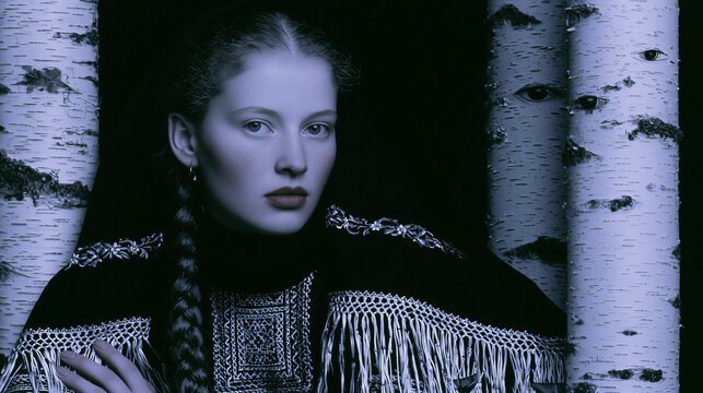 Dark Slavic folklore portrait of a young woman in embroidered clothing between birch trees with hidden eyes, eerie forest spirit illustration with cold blue tones and mystical gothic mood.