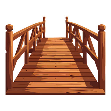 Isolated wooden bridge with handrails viewed from front.