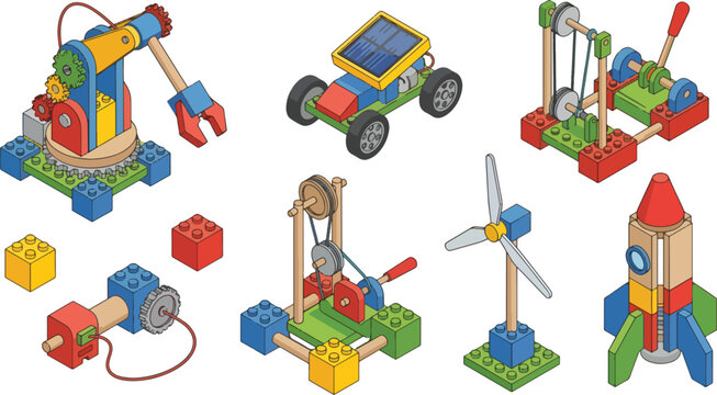 Colorful Toy Robots and Machines Made from Blocks