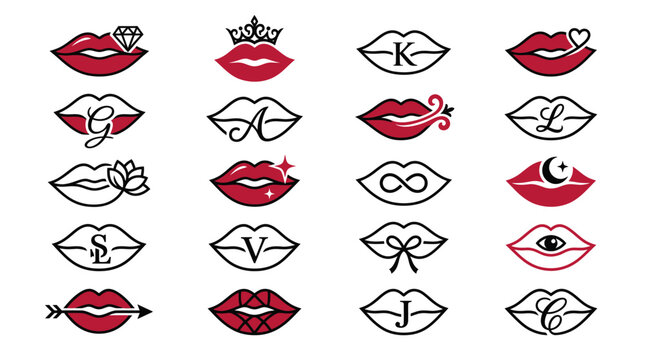 Collection of stylized red lips with various decorative elements and elegant monograms representing beauty and fashion