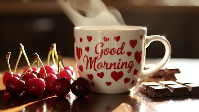 Cozy morning still life featuring a heart patterned mug with 'Good Morning' text, ripe cherries, and chocolate on a sunlit wooden table