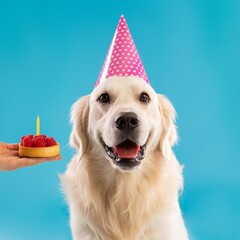 Obraz premium Excited Happy Golden Retriever Dog Wearing Pink Party Hat, Smiling With Joy, Celebrating Birthday While Holding Colorful Birthday Cake With Candle In Studio Setting. Pet Celebration Concept.