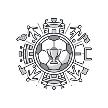 Complex circular soccer emblem with players and stadium.