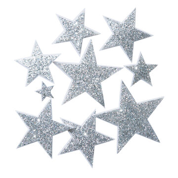Glitter silver star shapes on transparent background