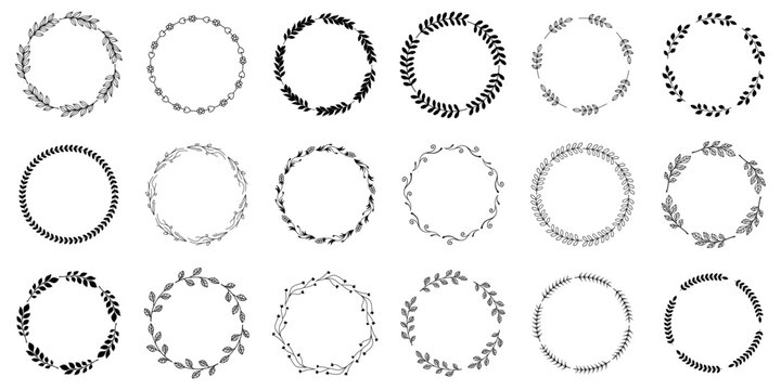 Hand drawn floral wreaths set. Elegant botanical circle frames and leafy borders for wedding invitations and logo design.