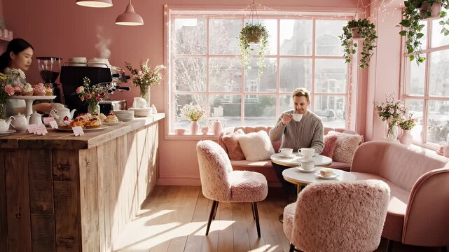 Cozy rustic bakery scene featuring a baker in an apron arranging a colorful cake and assorted pastries on a wooden table