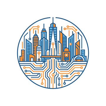 Elaborate circular city skyline and electronic circuit design.