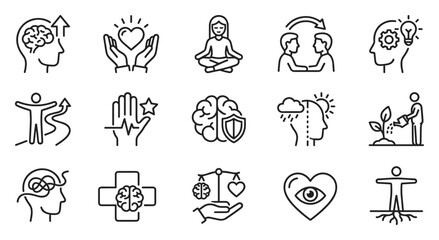 Obraz premium Set of mental health and wellness line icons including brain growth, meditation, care, balance, resilience, and emotional support symbols on transparent background